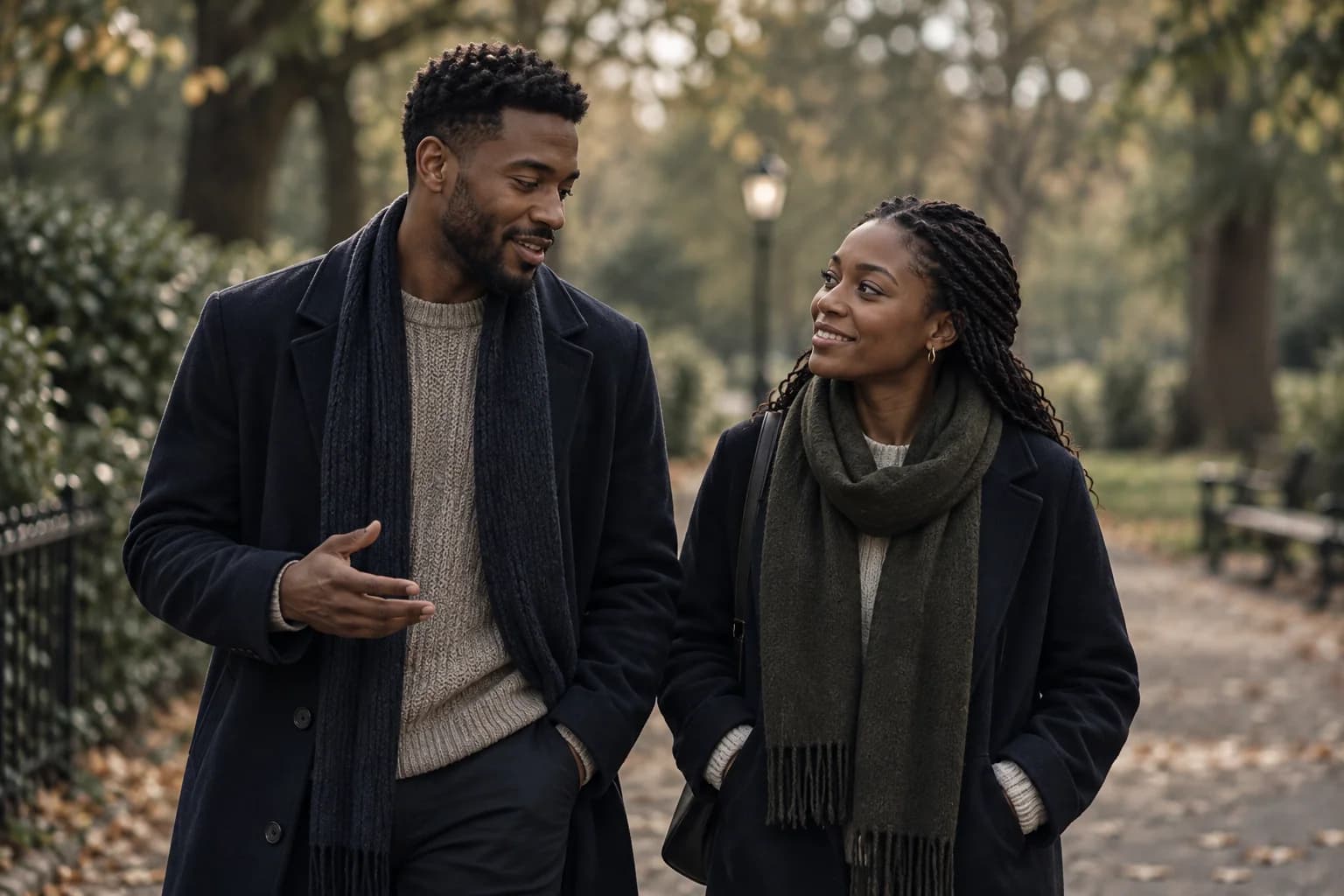 A young couple talking during a woodland walk
