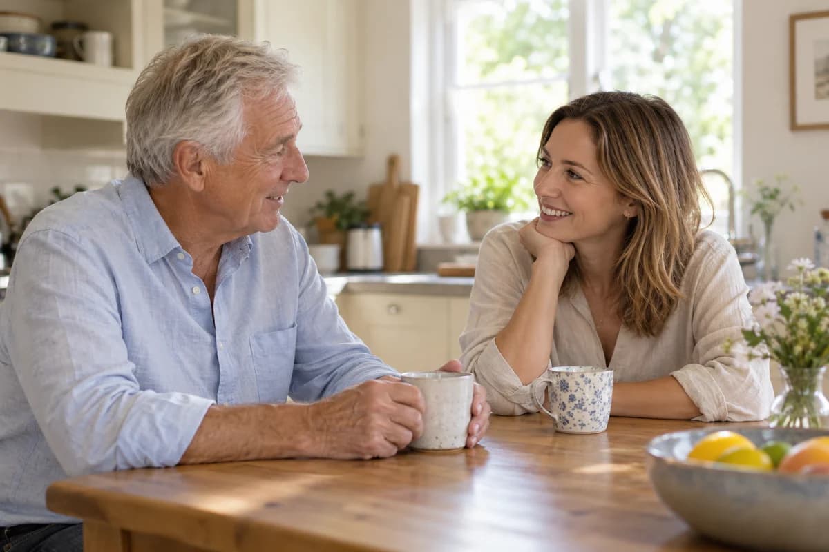 An older father and his adult daughter chatting over tea in a bright kitchen