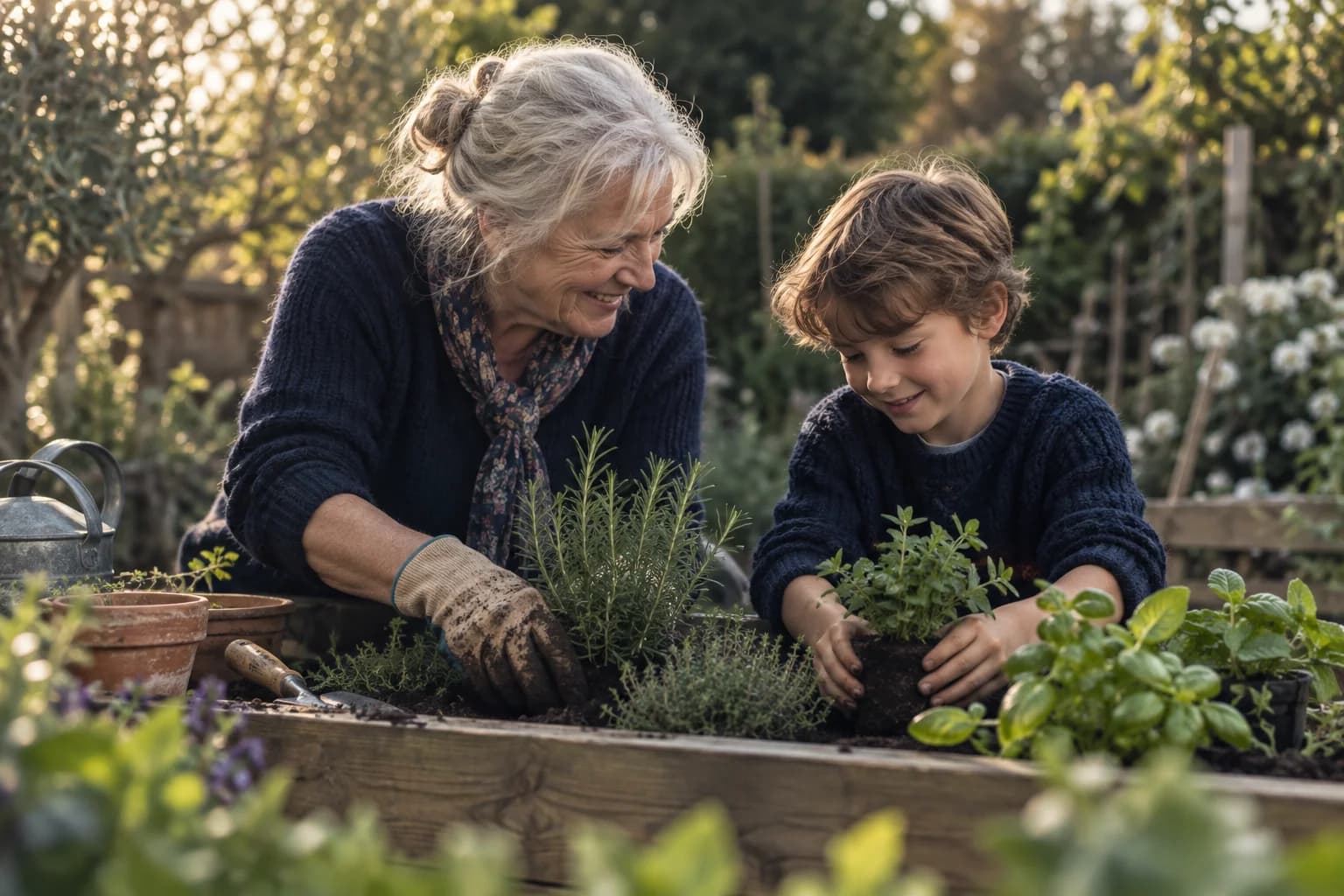 A grandmother gardening with her grandson