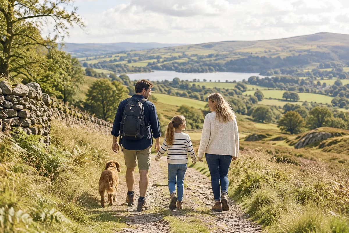 Young parents and their child walking together in the countryside