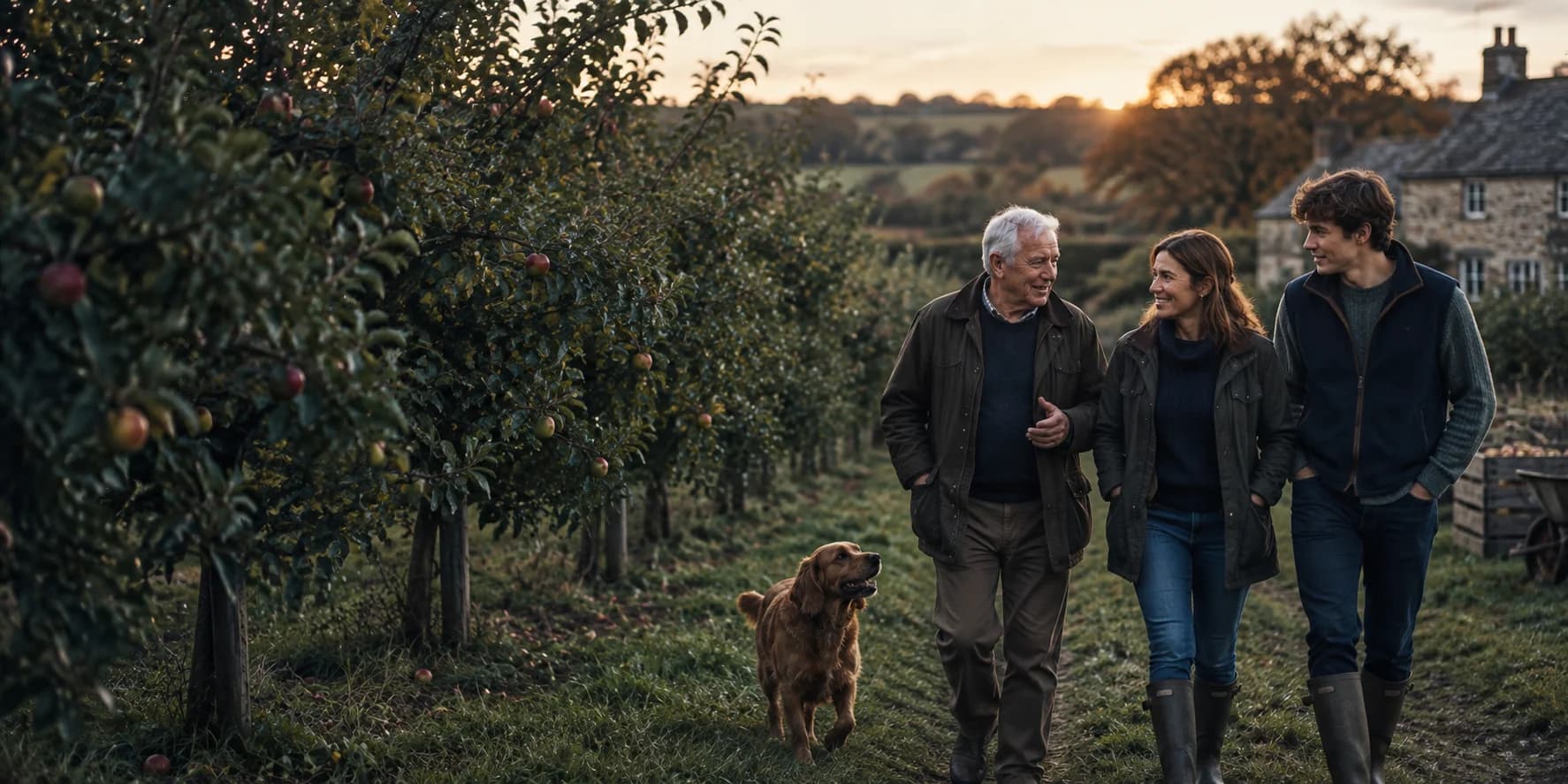Three generations walking together through a family orchard