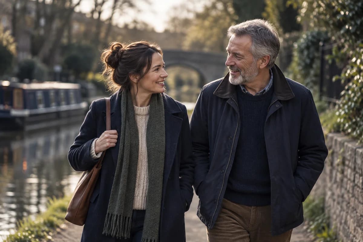 An adult daughter talking with her father beside a canal