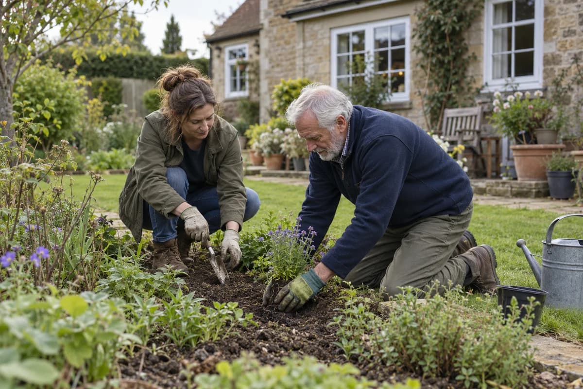 An adult daughter and her father tending the garden beside their family home